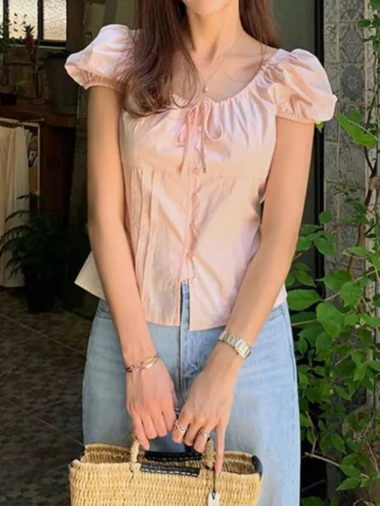 Form-Fitting Belted Puff Sleeve Placket Blouse